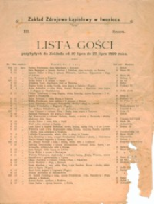 Lista gości : przybyłych do Zakładu od 10 lipca do 27 lipca 1899 roku