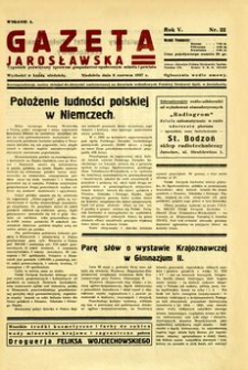 Gazeta Jarosławska : tygodnik poświęcony sprawom gospodarczo-społecznym miasta i powiatu. 1937, R. 5, nr 22 (6 czerwca)