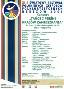 XIII Światowy Festiwal Polonijnych Zespołów Folklorystycznych : Rzeszów 2005 : koncert „Tańce i pieśni krajów zamieszkania” [Plakat]