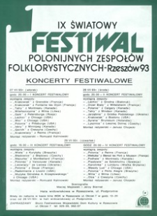 IX Światowy Festiwal Polonijnych Zespołów Folklorystycznych : Rzeszów 1993 : koncerty festiwalowe [Afisz]