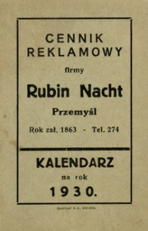Cennik reklamowy firmy Rubin Nacht : kalendarz na rok 1930