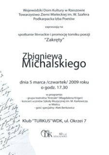 Spotkanie literackie i promocja tomiku poezji „Zakręty” Zbigniewa Michalskiego [Plakat]