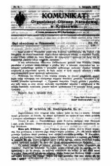 Komunikat Organizacyi Obrony Narodowej w Rzeszowie. 1918, nr 4 (5 listopada)