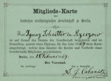 [Mitglieds-Karte der deutschen ornithologischen Gesellschaft in Berlin 1869]
