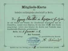[Mitglieds-Karte der deutschen ornithologischen Gesellschaft in Berlin 1872]