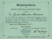 [Mitglieds-Karte der deutschen ornithologischen Gesellschaft in Berlin 1874]