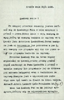 [List Ignacego Schaittera do Michała Gottmana w sprawie maszyny do węzy pszczelej oddanej do naprawy Antoniemu Lankoffowi we Lwowie]