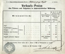 Verkaufs - Preise des Pulvers und Salpeters in österreichischer Währung