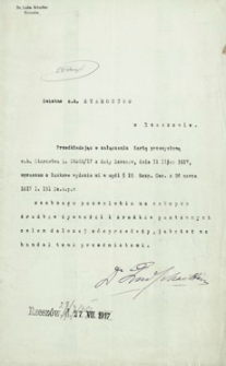 [Pismo od Ludwika Schaittera do c. k. Starostwa w Rzeszowie z prośbą o wydanie osobnego pozwolenia na zakupno środków żywności i środków pastewnych celem dalszej odsprzedaży, jakoteż na handel temi przedmiotami]