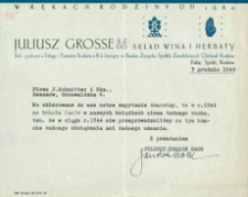 [Pismo z firmy Juliusz Grosse Skład Wina i Herbaty do firmy I. Schaitter i Spółka dotyczące braku ruchu na koncie w roku 1944]