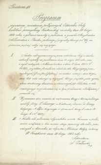 Programm prywatnego posiedzenia połączonych Oddziałów Izby handlowo-przemysłowej krakowskiej, we środę dnia 26 lutego 1862 roku, o godzinie czwartej z południa, w gmachu Arcybractwa Miłosierdzia i Banku pobożnego (przy ulicy Siennej p. L. 466/53 na pierwszem piętrze) odbyć się mającego