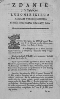 Zdanie J. O. Xiążęcia Jmci Lubomirskiego Marszałka Wielkiego Koronnego, na Sessyi Seymowey Dnia 3 Marca 1775 Roku